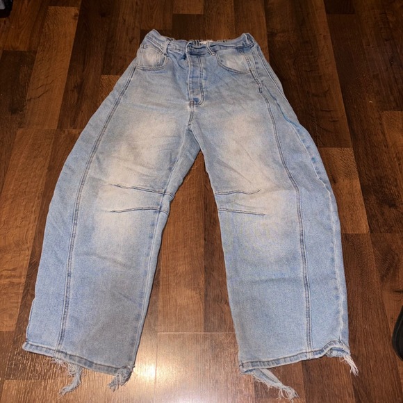 Blue Velvet Denim - Blue Velvet Womens Light Wash Wide Leg Barrel Horseshoe Jeans Size S Button Fly